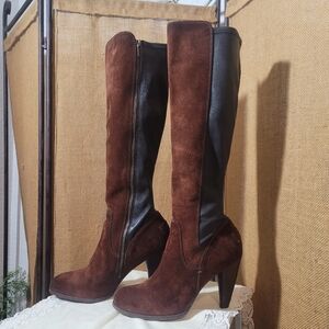 Frye Carolina Brown Suede with Dark Chocolate Leather  Mid Calf Boots Size 8